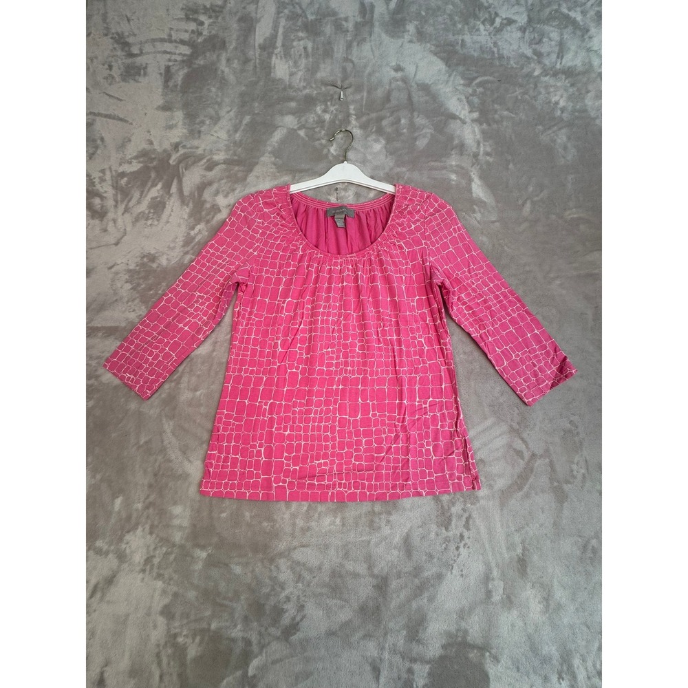 Liz Claiborne Pink Geometric Print 3/4 Sleeve Gathered Neck Tunic Top M